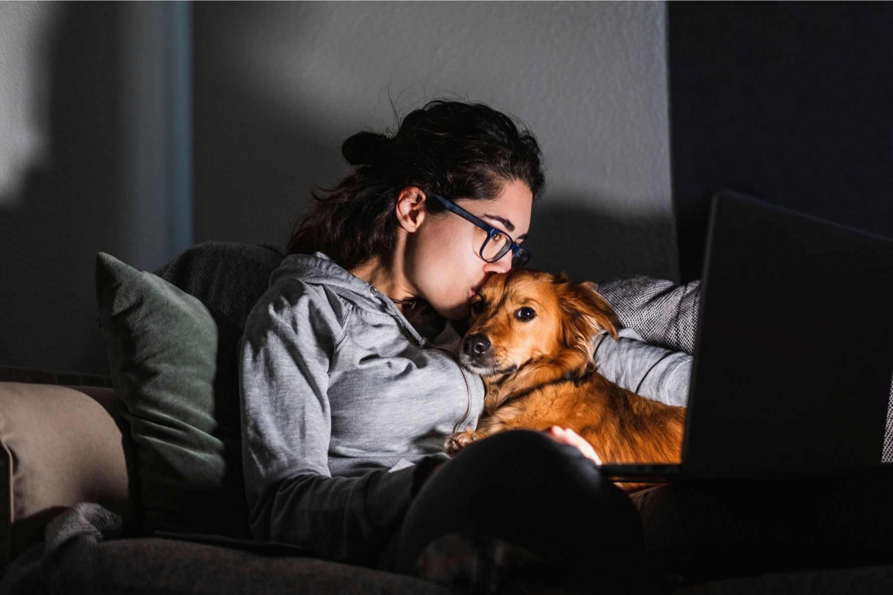 Matte ger sin lilla hund en puss i soffan framför en laptop