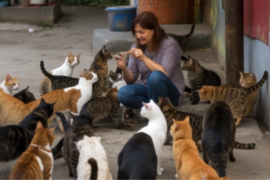 "Crazy cat lady" pratar med alla sina katter på en bakgård.
