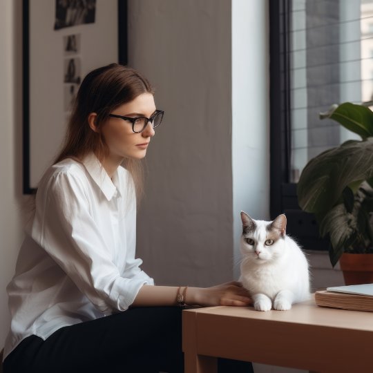 Ung kvinna i vit blus sitter på sitt rum och kommunicerar med sin vita katt.