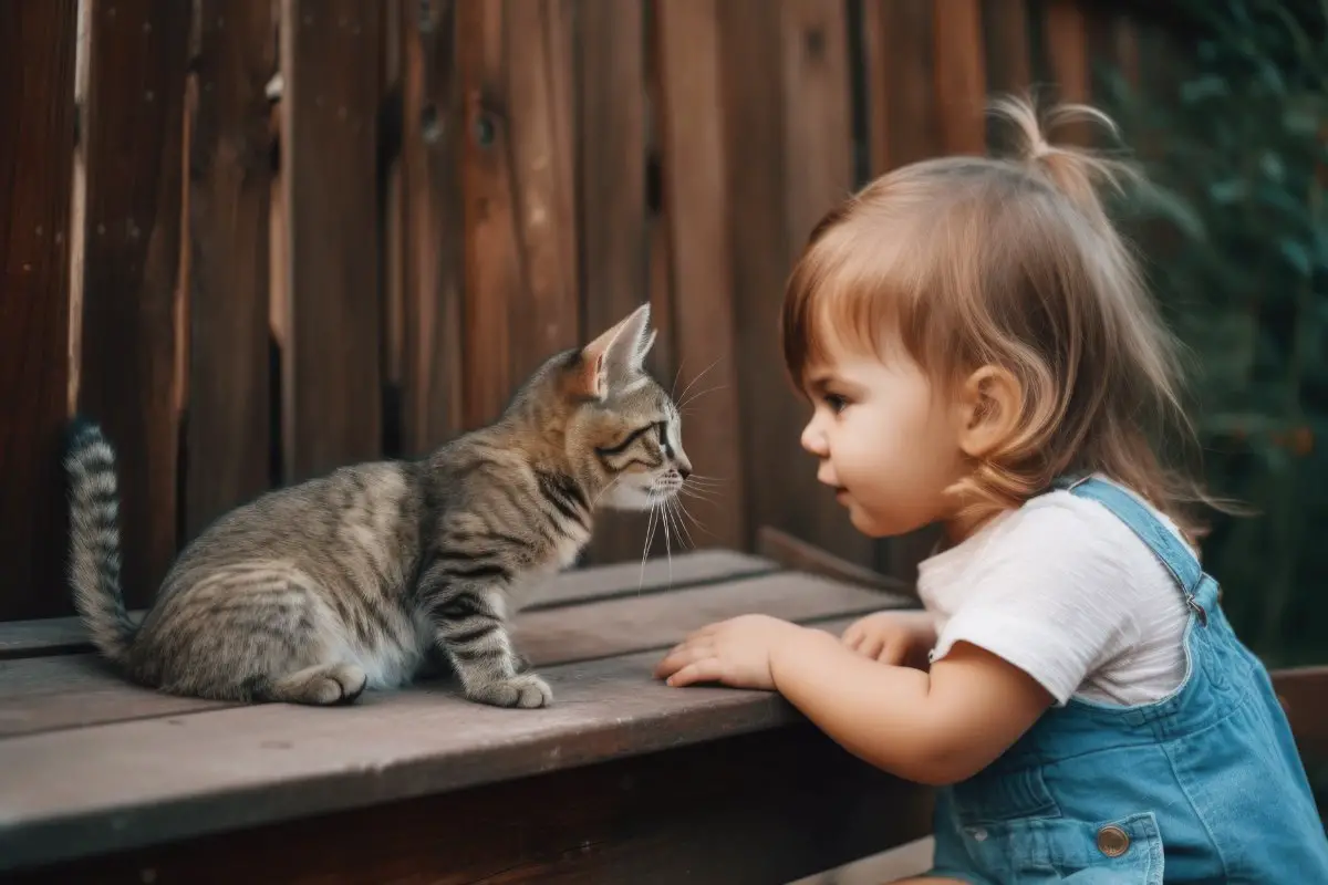 En liten flicka försöker prata med en kattunge. Förstår den vad hon säger tro?