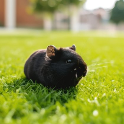 Against the vivid backdrop of a brilliantly green lawn, a cute black hamster sits happily in the sun. Wresting its tiny paws on the grass, it examines its surrounds with bright glossy eyes. Capturing's nature essence, the striking contrast between its jet-black fur and verdant surroundings creates an unforgettable image. A joyful embodiment of the perfect outdoor scene, this little hamster radiates energy and curiosity.