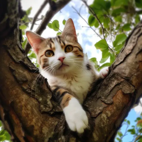 Katten har blivit så rädd att den har klättrat upp i ett träd och nu vill den inte komma ner.