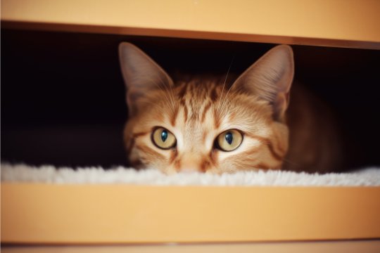 En rädd katt kikar fram från sitt gömställe. Den blir svår att locka fram.