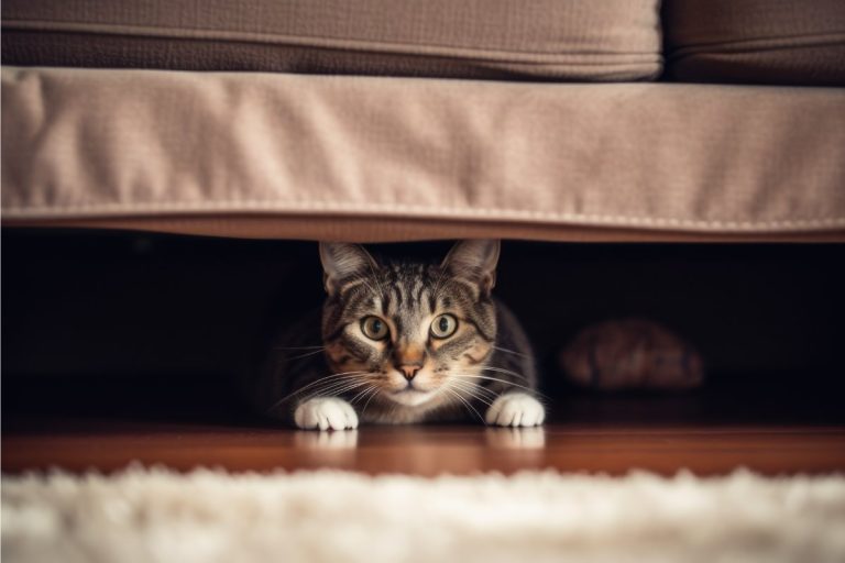 Rädd gråvit katt har smugit in och gömt sig under soffan.