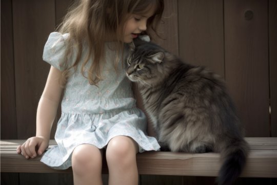 Flicka sitter på en träbänk med sin långhåriga katt.