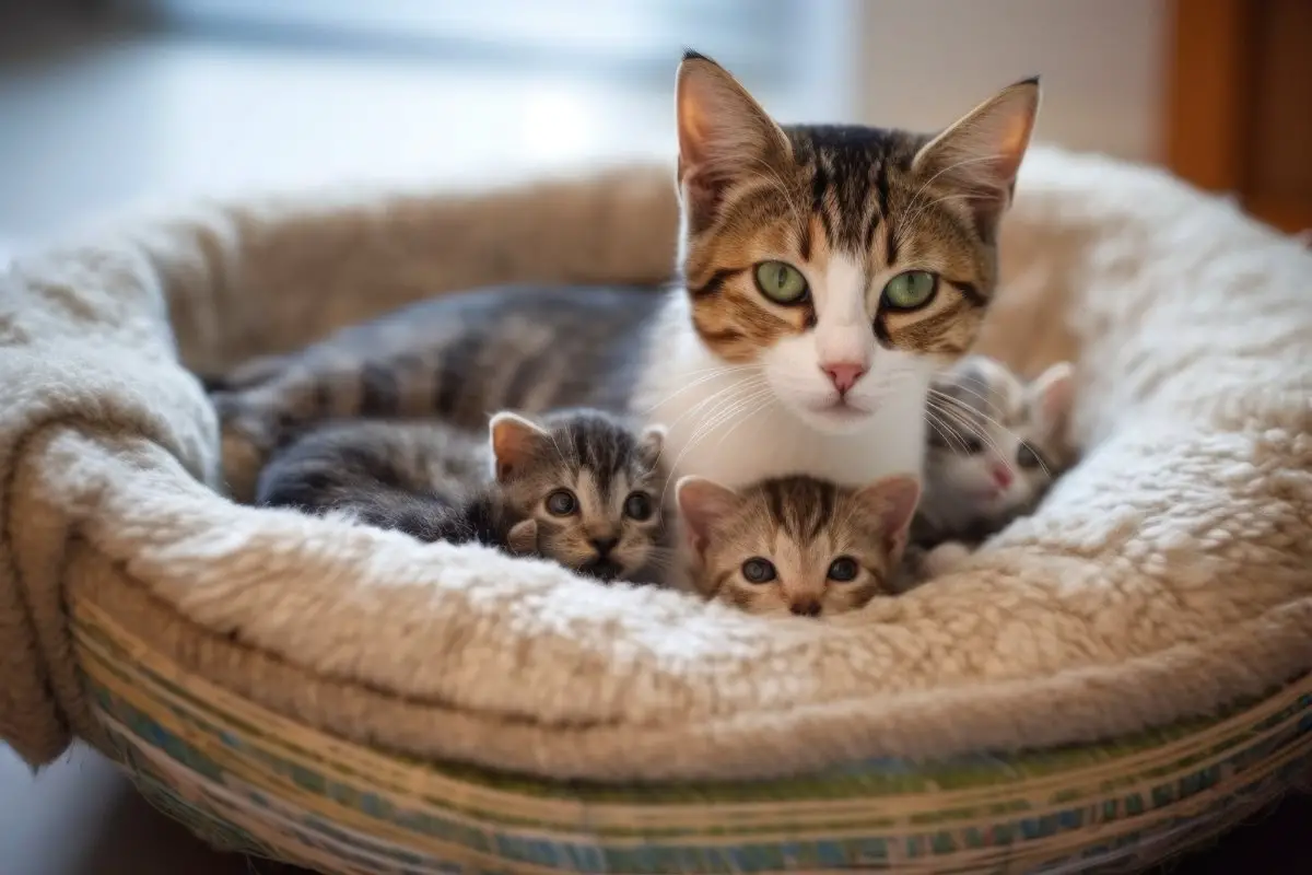 Katthona ligger i sin säng med sina tre små kattungar.