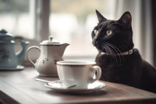 En svart katt sitter vid ett bord med en kopp kaffe och en kanna grädde eller mjölk intill sig.