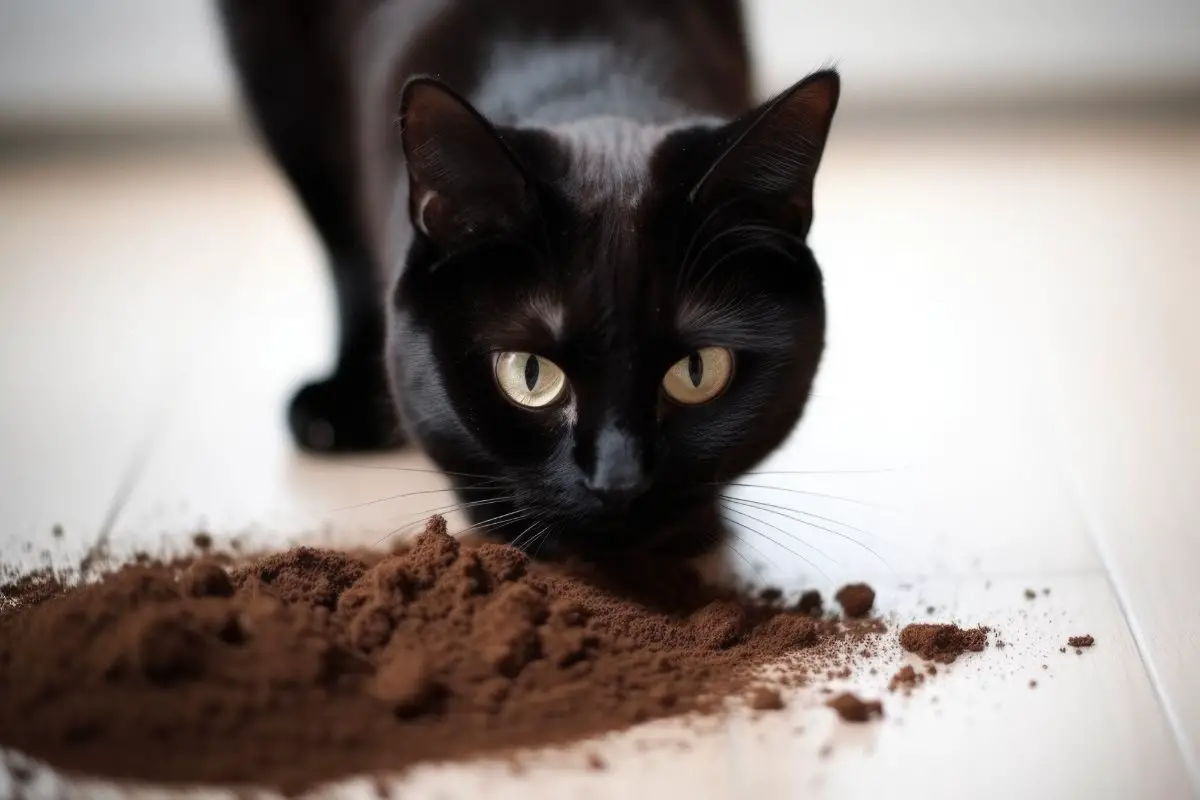 En svart katt nosar på en hög med kaffesump på golvet.