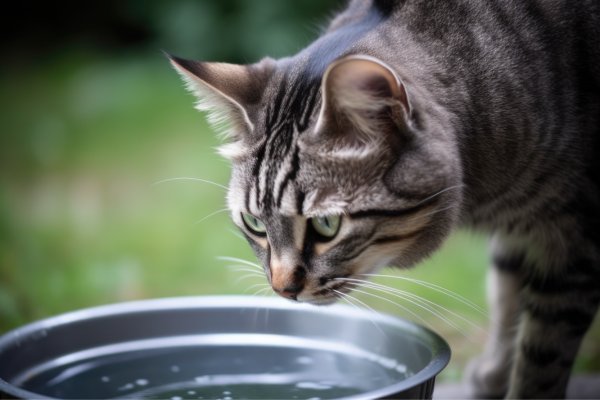 Katt dricker vatten ur en vattenskål i trädgården.