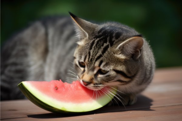 En katt mumsar på en bit vattenmelon utomhus en varm sommardag för att undvika värmeslag