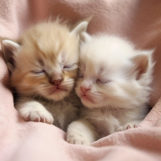 Två kattungar ligger på en rosa filt. De har inte öppnat sina ögon än vilket tyder på att de är mindre än 2 veckor gamla.