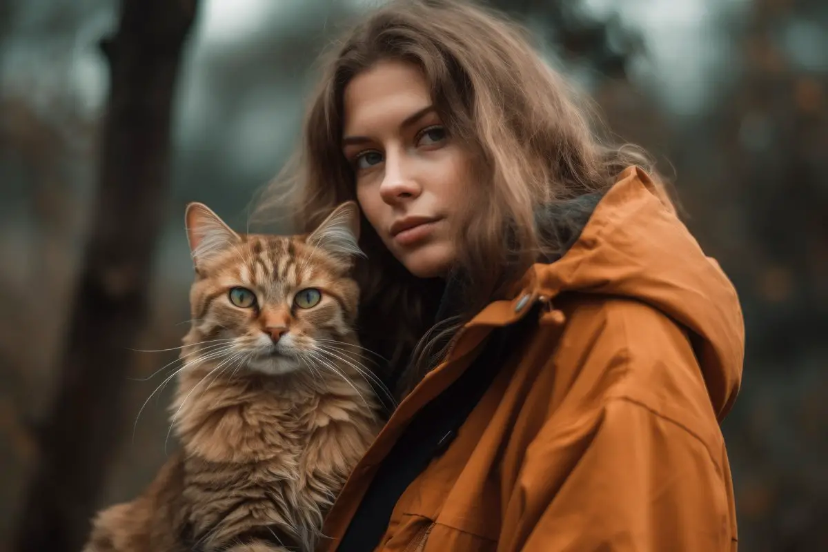 Kvinna i orange jacka utomhus med sin katt