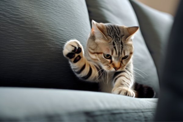 Katt höjer sin högra tass för att börja klösa på en soffa.