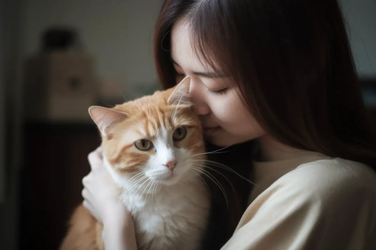 En flicka kramar om sin katt och försöker få den att gilla henne
