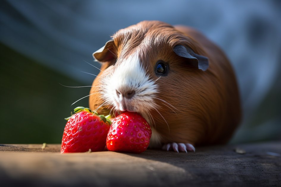 Marsvin äter två jordgubbar