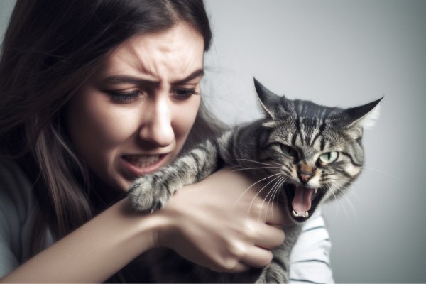Kvinna ser bekymrad ut efter att ha fått ett oväntat kattbett av sin ilskna katt.