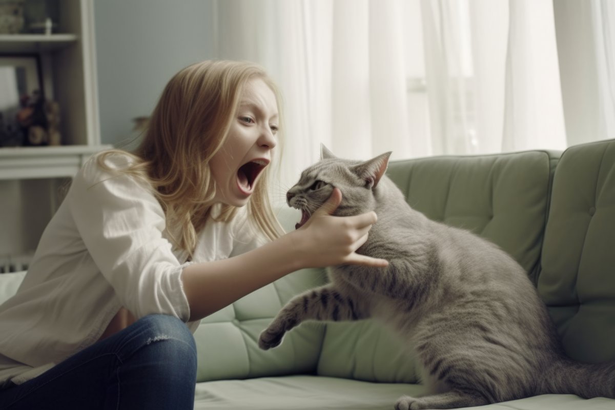 Kvinna skriker i vardagsrummet efter att oväntat ha fått ett bett av sin katt