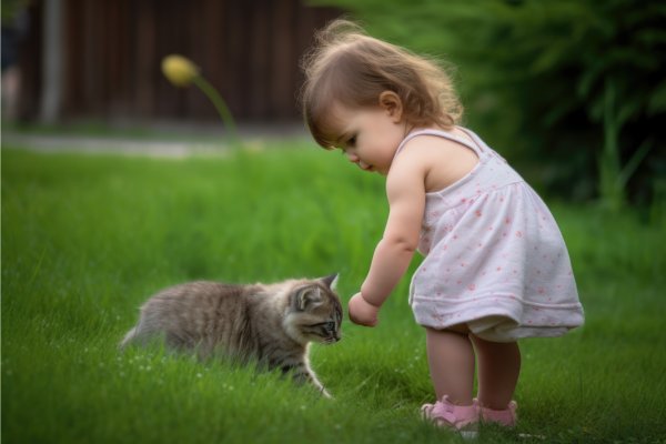 En liten flicka står på gräsmattan tillsammans med en grå kattunge