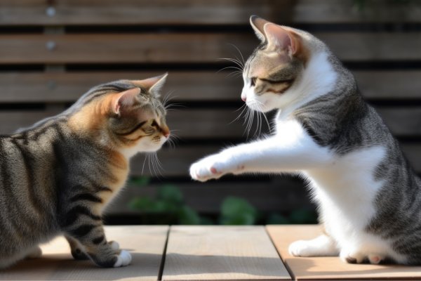 Två katter möts och den ena höjer sin tass i en potentiellt hotfull gest.