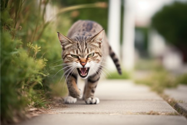 En katt går på en trottoar och fräser mot kameran.