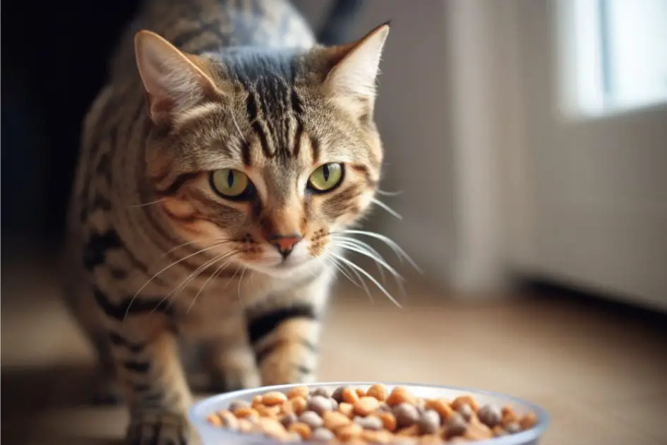 Hur mycket ska en katt äta? Katten står vid sin matskål.