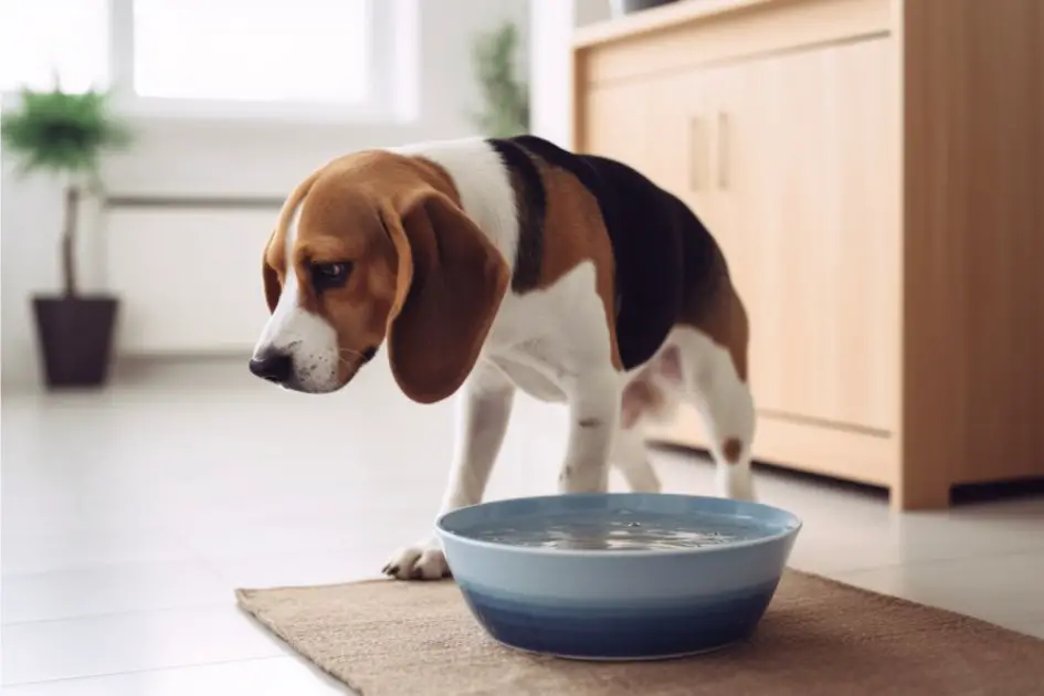 Hund med en stor skål med vatten