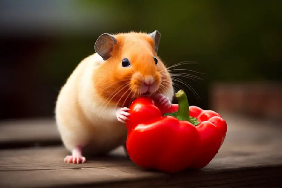 Hamster äter en röd paprika
