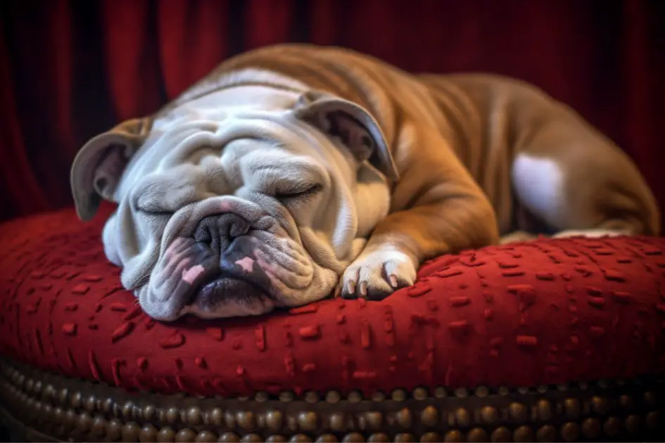 Engelsk bulldogg sover i sin säng