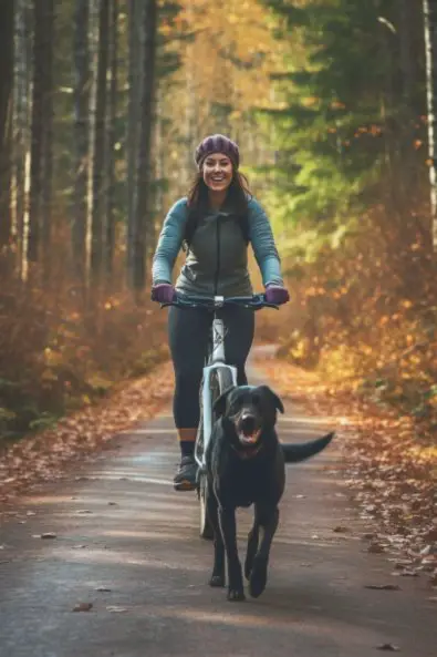 Kvinna cyklar med sin labrador hund
